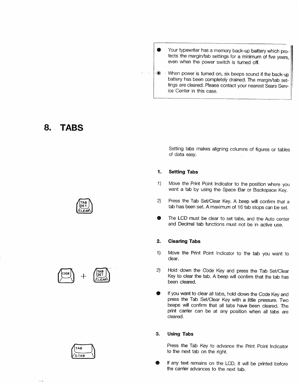 Setting tabs, Clearing tabs, L/^\j | Using tabs, Tabs | Sears 16 User Manual | Page 17 / 108