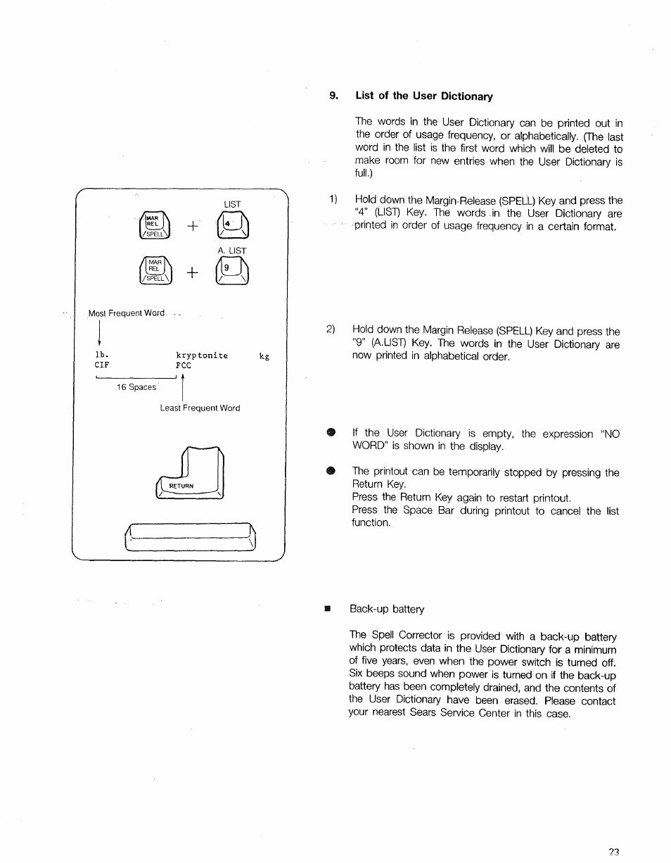 List of the user dictionary | Sears 16 User Manual | Page 28 / 108