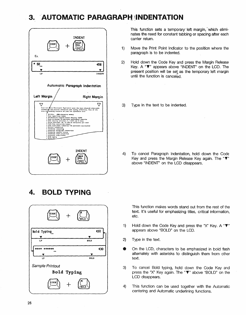 3» automatic paragraph indentation, Bold typing | Sears 16 User Manual | Page 31 / 108