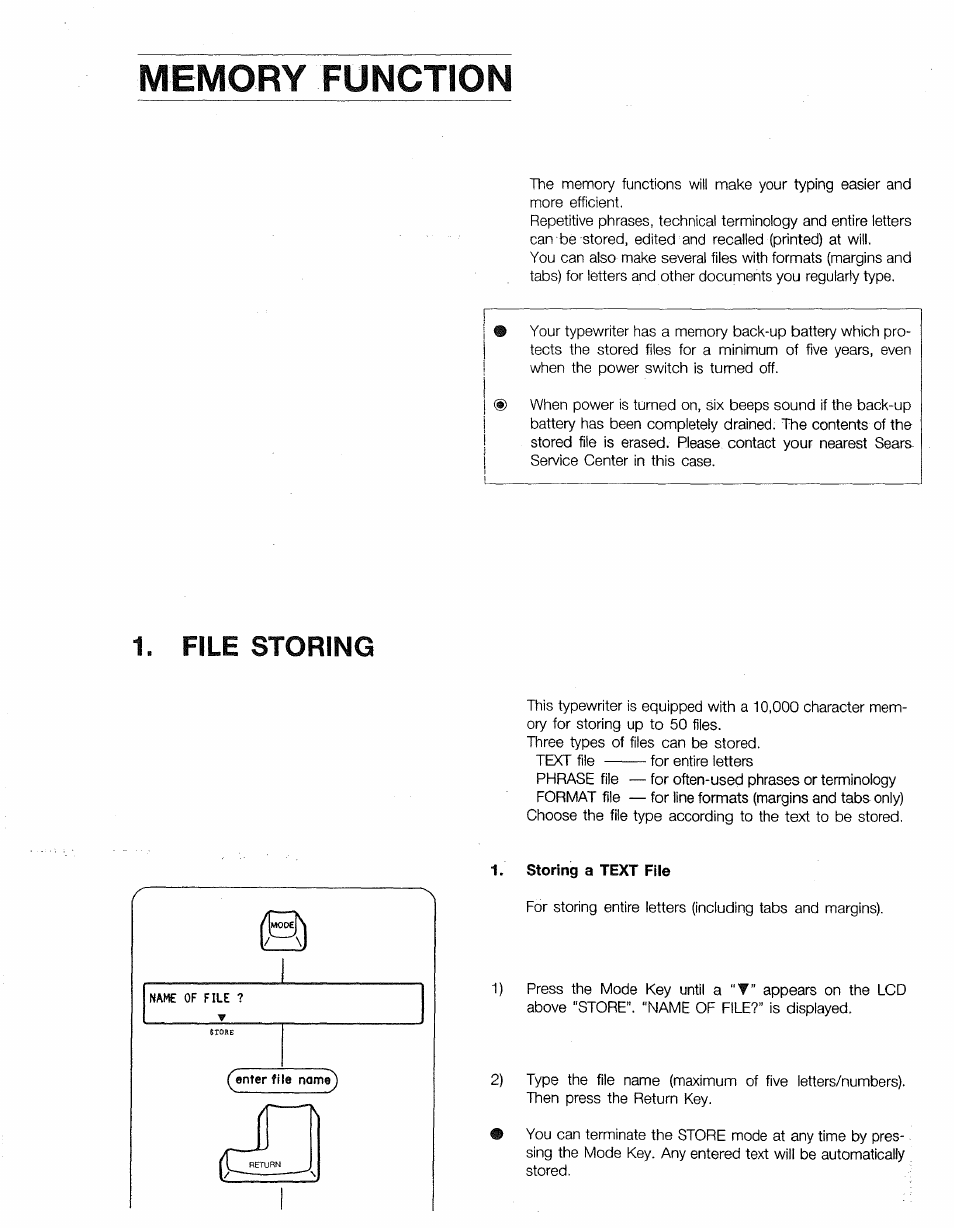 Memory function, Storing a text file, File storing | Sears 16 User Manual | Page 35 / 108