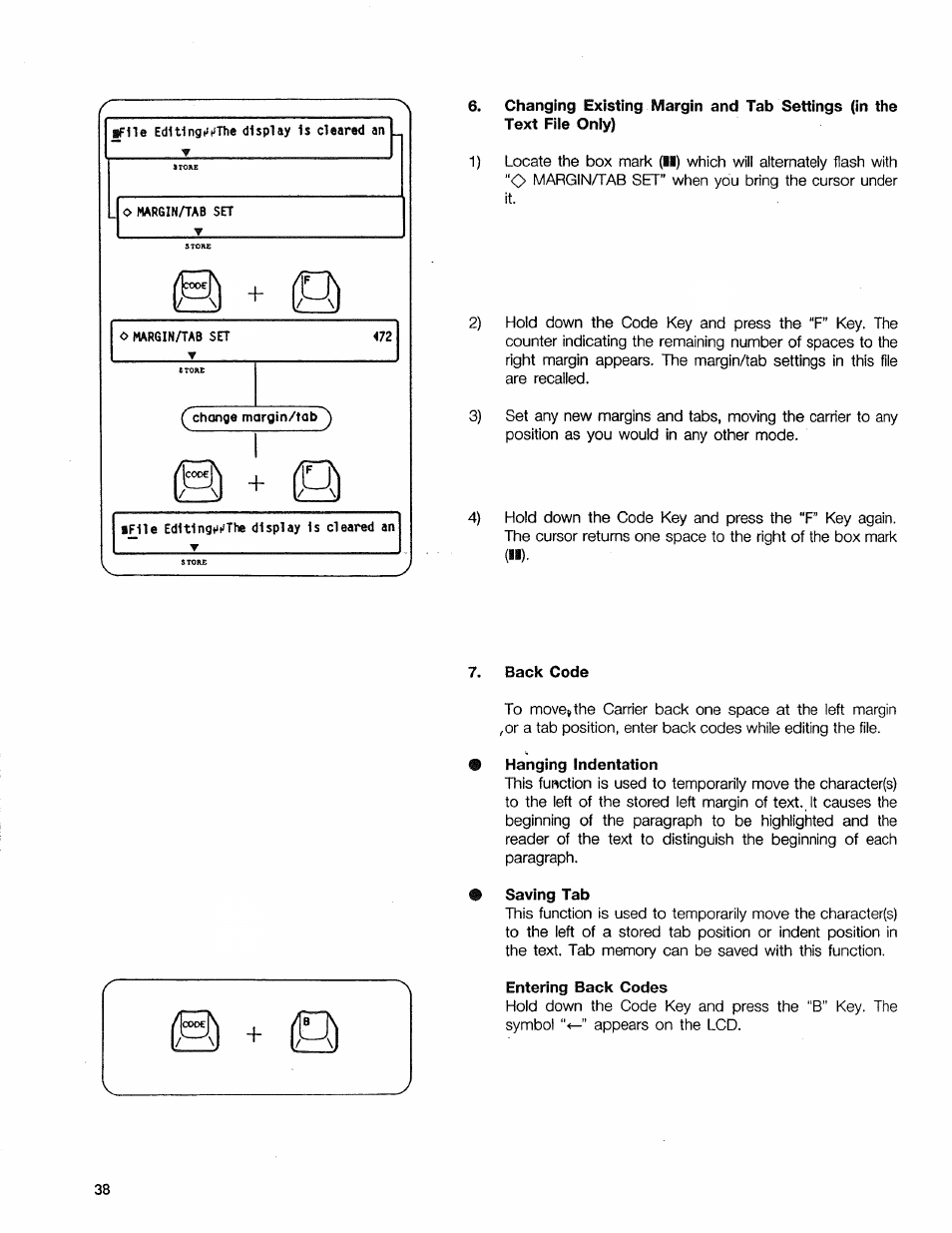 7, back code, Hanging indentation, Saving tab | Entering back codes, G) + q, G) + o | Sears 16 User Manual | Page 43 / 108