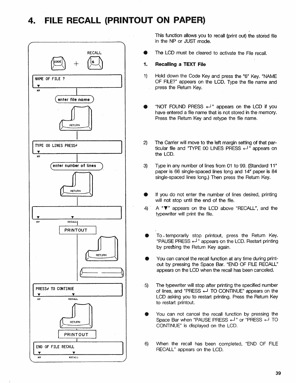 4, file recall (printout on paper), Recalling a text file, File recall (printout on paper) | Sears 16 User Manual | Page 44 / 108