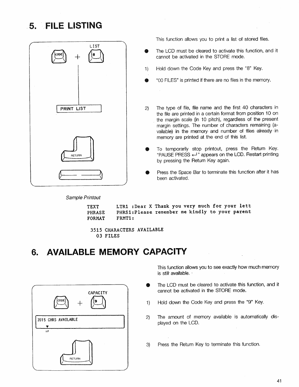 Available memory capacity, File listing | Sears 16 User Manual | Page 46 / 108