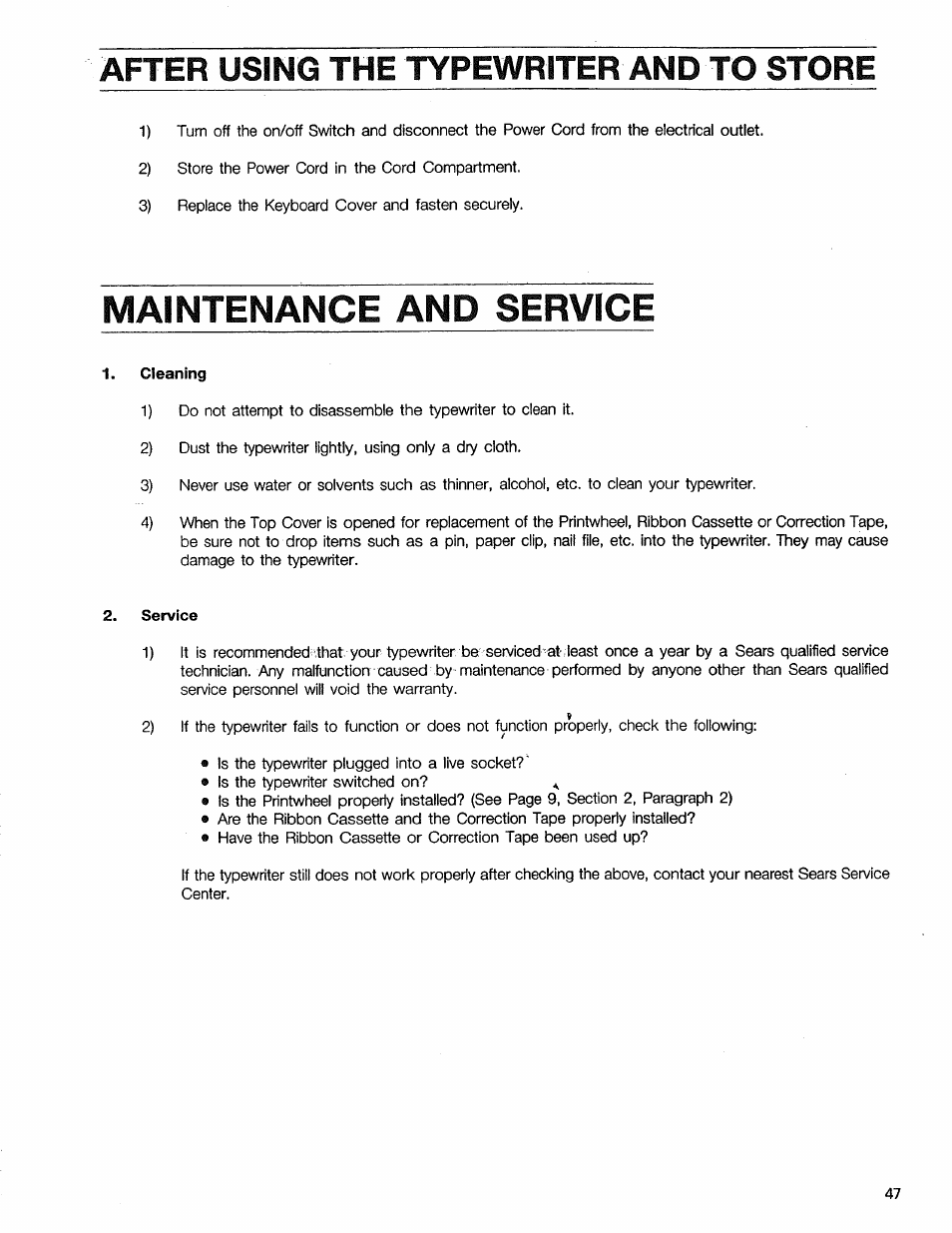 After using the typewriter and to store, Maintenance and service, Cleaning | Service | Sears 16 User Manual | Page 52 / 108