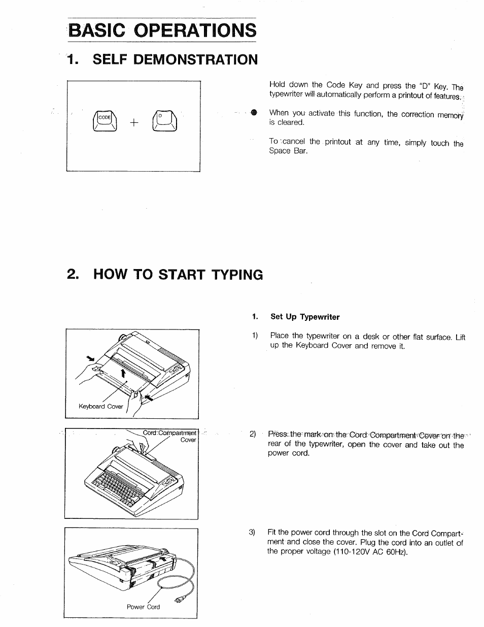 Basic operations, Self demonstration, How to start typing | Set up typewriter | Sears 16 User Manual | Page 63 / 108