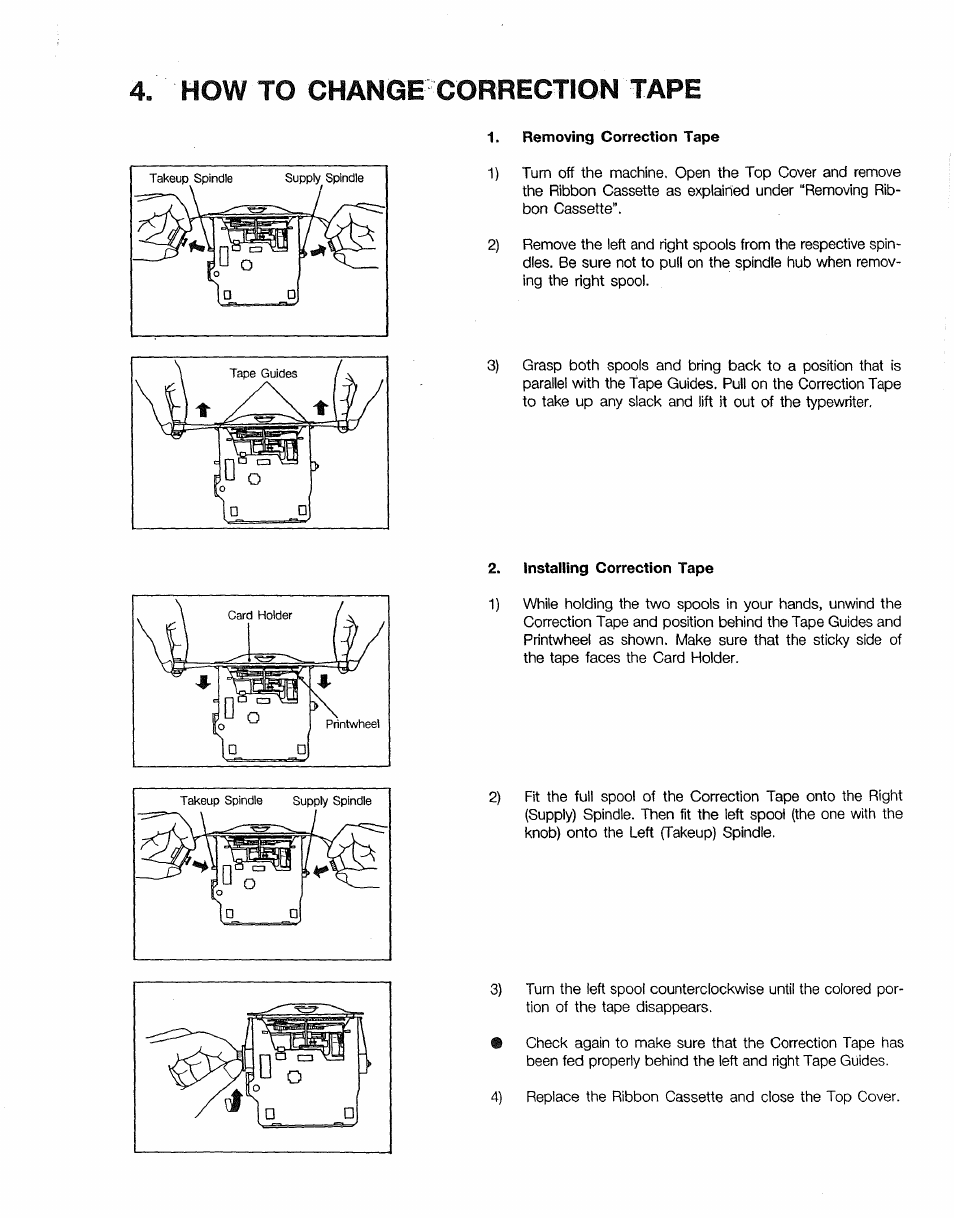 Removing correction tape, Installing correction tape, How to change correction tape | Sears 16 User Manual | Page 67 / 108