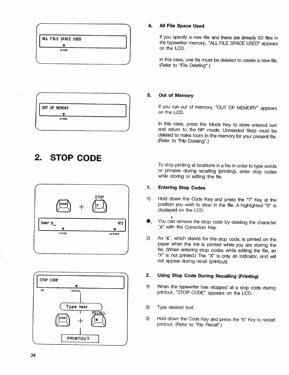 All file space used, Out of memory, Stop code | Entering stop codes, Using stop code during recalling (printing) | Sears 16 User Manual | Page 93 / 108