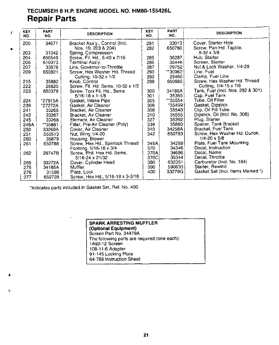 Repair parts | Sears 247.780892 User Manual | Page 21 / 24