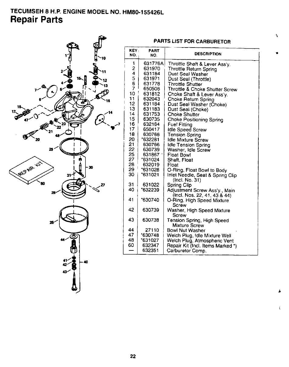 Repair parts | Sears 247.780892 User Manual | Page 22 / 24