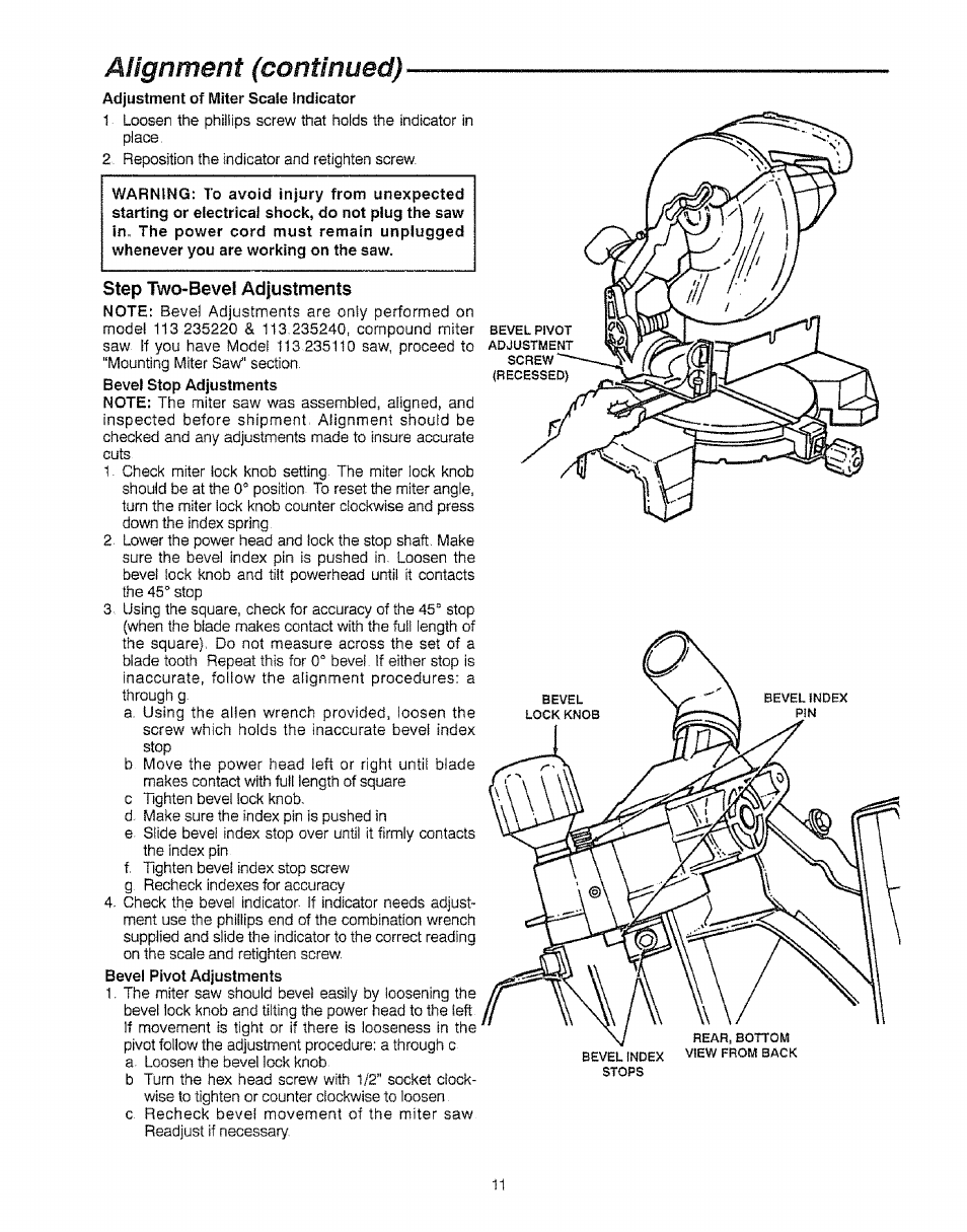 Step two-bevel ad|ustments, Alignment (continued) | Sears 113.23522 User Manual | Page 11 / 32