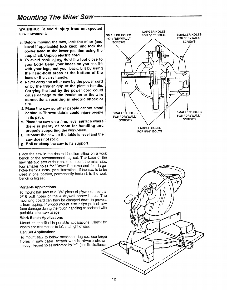 Aunting the miter saw, Mounting the miter saw -13 | Sears 113.23522 User Manual | Page 12 / 32