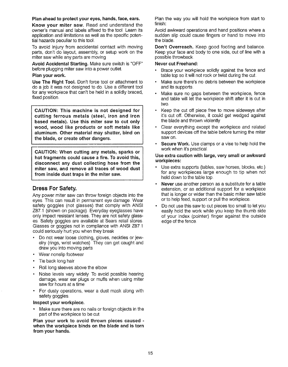 Dress for safety | Sears 113.23522 User Manual | Page 15 / 32