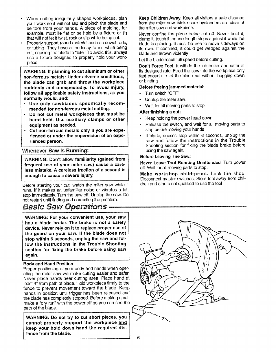 Whenever saw is running, Basic saw operatsom | Sears 113.23522 User Manual | Page 16 / 32