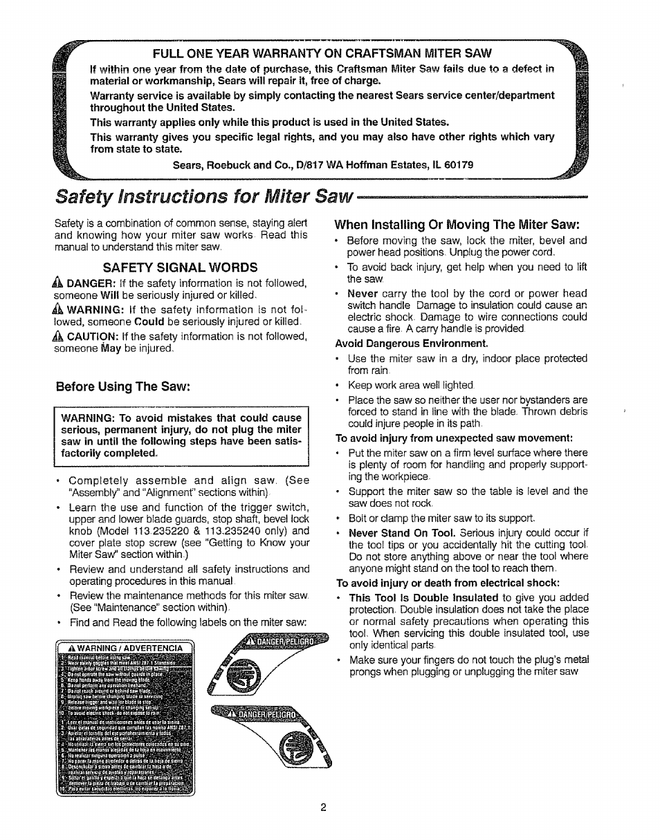 Safety instructions for miter saw, Full one year warranty on craftsman miter saw, Safety signal words | Before using the sawt, When installing or moving the miter saw | Sears 113.23522 User Manual | Page 2 / 32