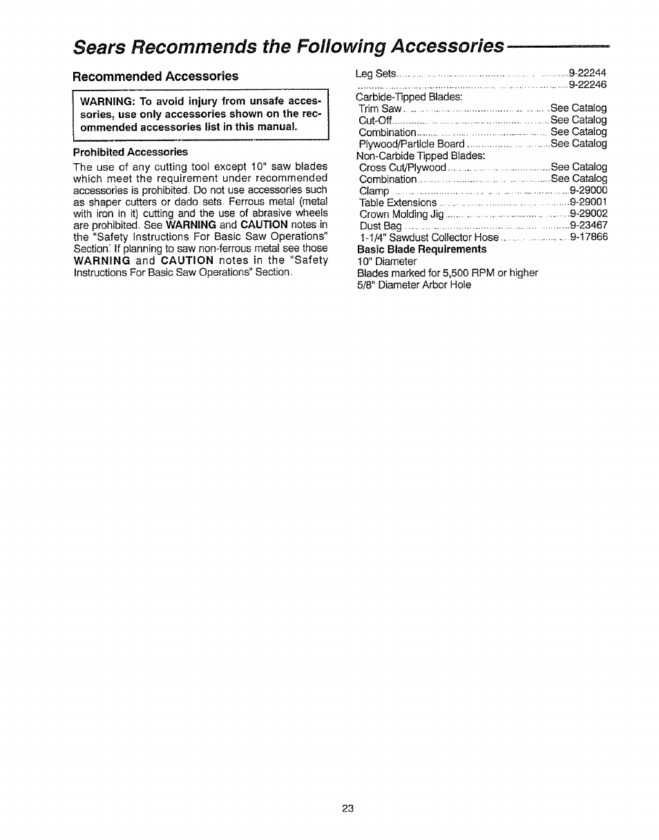 Recommended accessories, Sears recommends the following accessories | Sears 113.23522 User Manual | Page 23 / 32