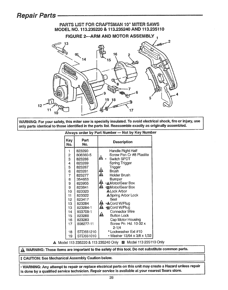 Repair parts | Sears 113.23522 User Manual | Page 28 / 32