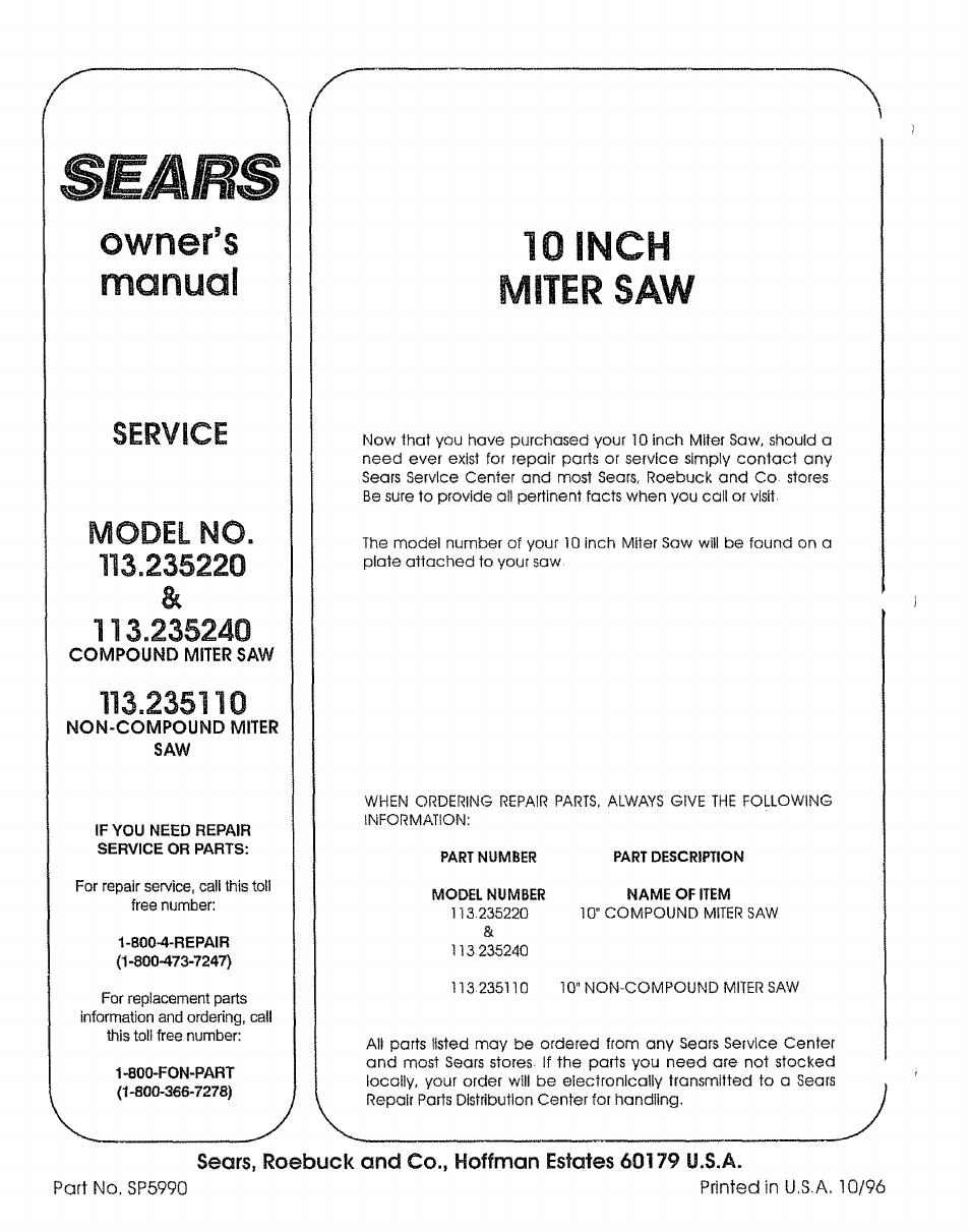Manual, Owner’s, 10 inch miter saw | Service model | Sears 113.23522 User Manual | Page 32 / 32