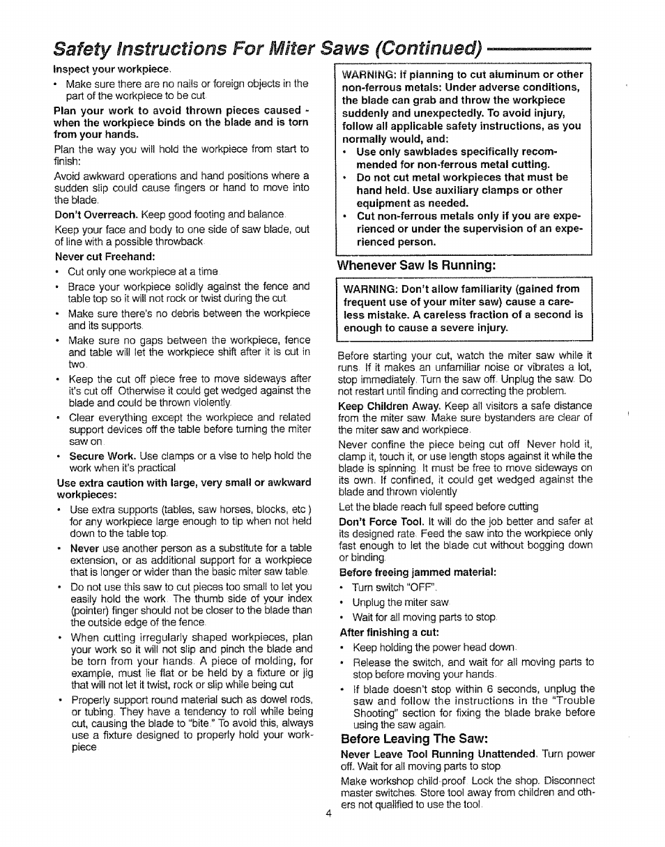 Whenever saw is running, Before leaving the saw, Safety instructions for miter saws (continued) | Sears 113.23522 User Manual | Page 4 / 32