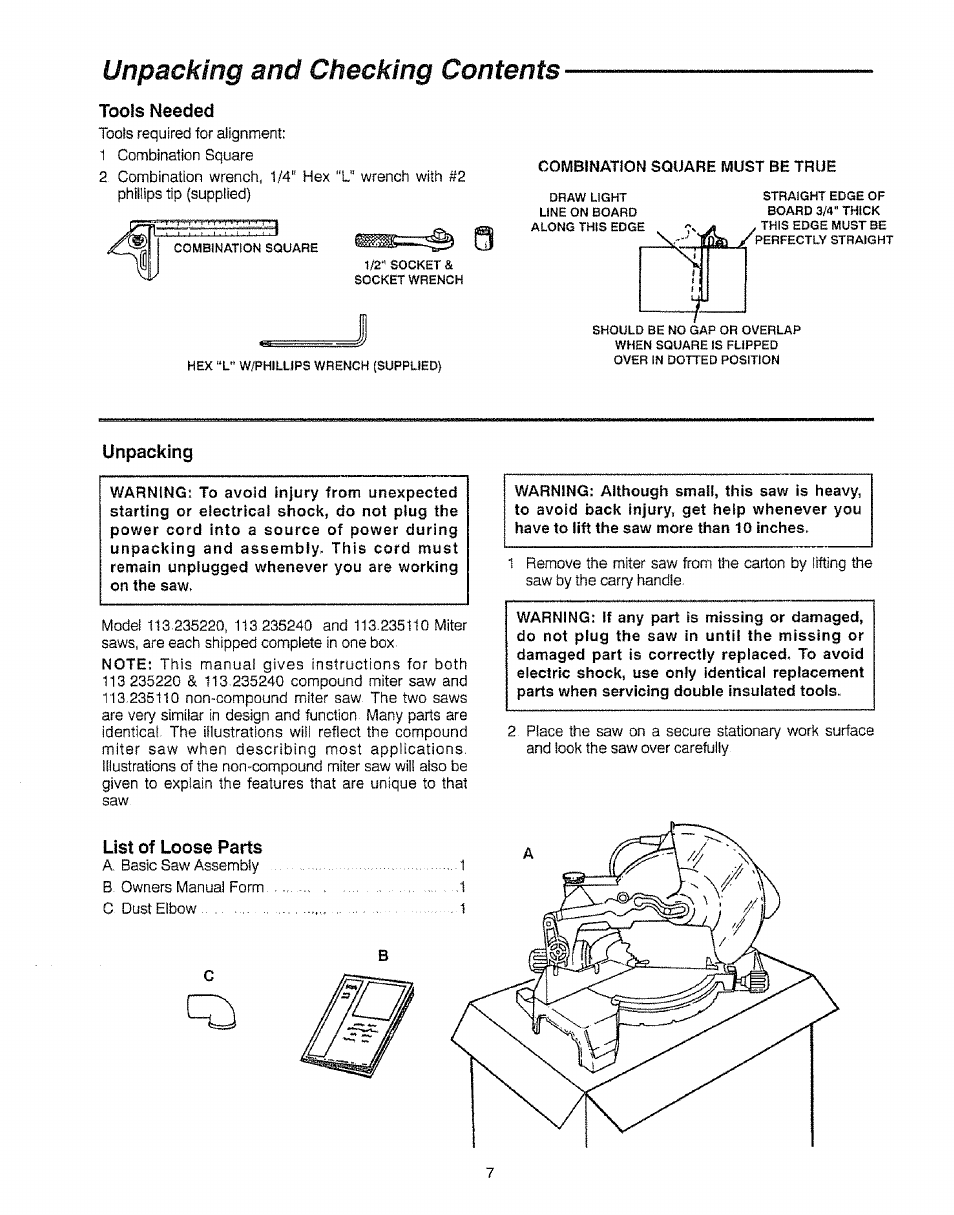 Tools needed, Unpacking, Unpacking and checking contents | Sears 113.23522 User Manual | Page 7 / 32