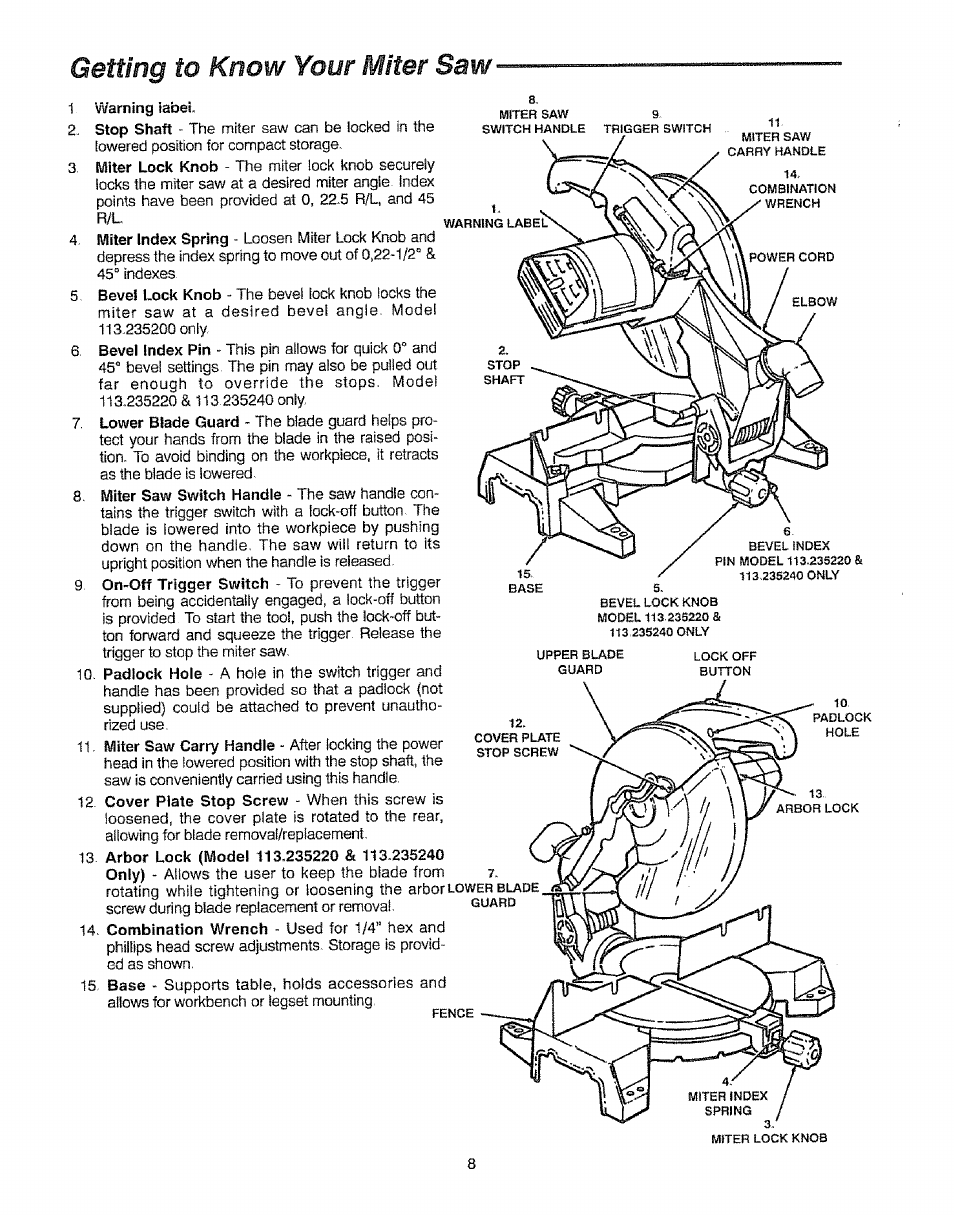 Getting to know your miter saw | Sears 113.23522 User Manual | Page 8 / 32