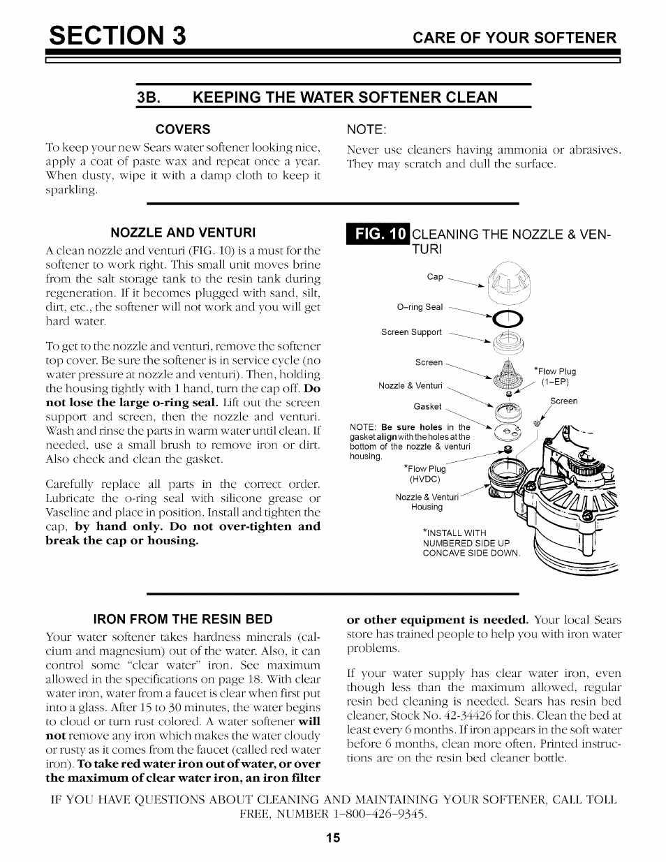 Keeping the water softener clean, Covers, Note | Nozzle and venturi, Fig. 10, Cleaning the nozzle & ven, Iron from the resin bed | Sears 625.34842 User Manual | Page 15 / 64