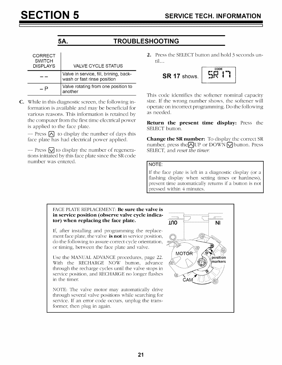 Troubleshooting, Sr 17 shows, Service tech. information 5a. troubleshooting | Sr 17 | Sears 625.34842 User Manual | Page 21 / 64