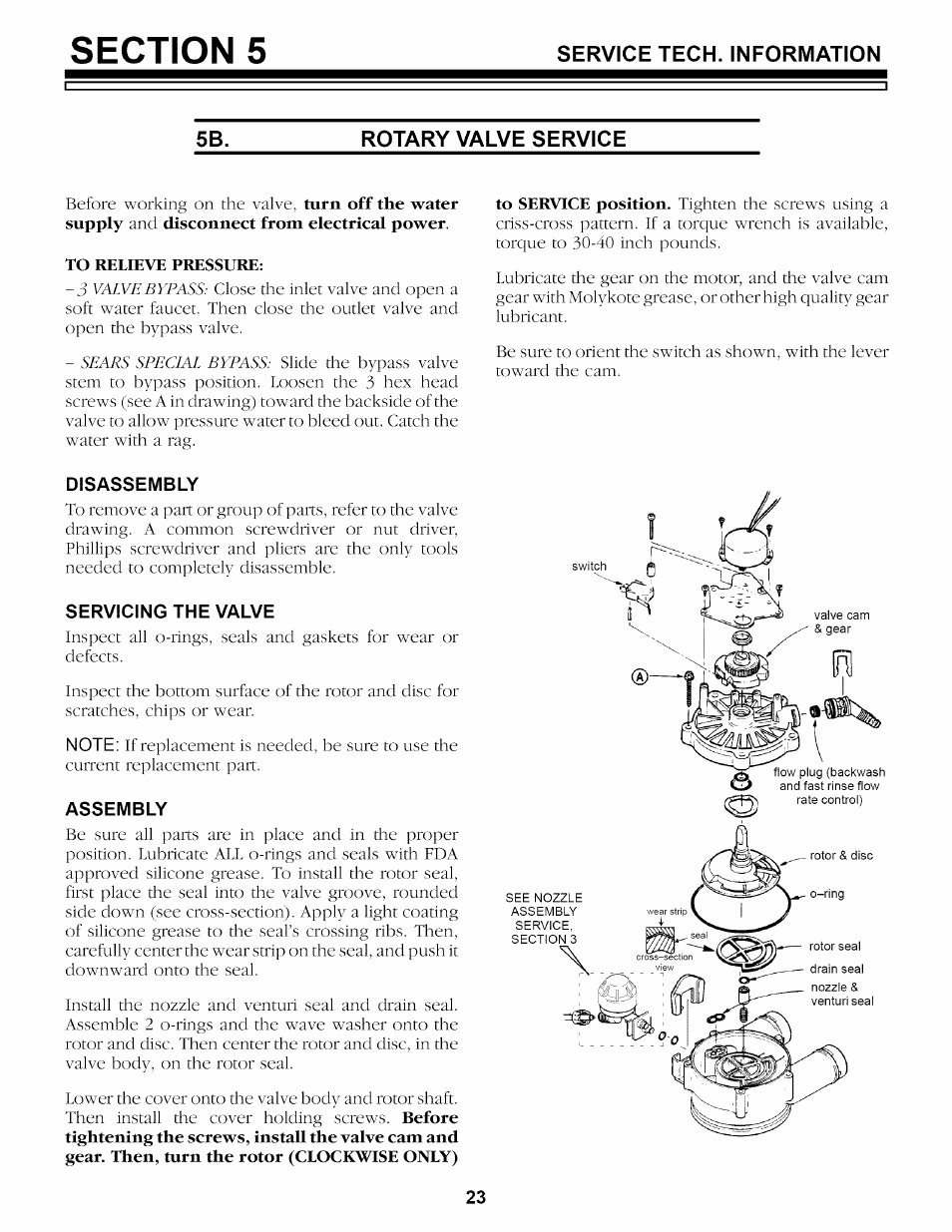 Rotary valve service, Disassembly, Servicing the valve | Assembly | Sears 625.34842 User Manual | Page 23 / 64