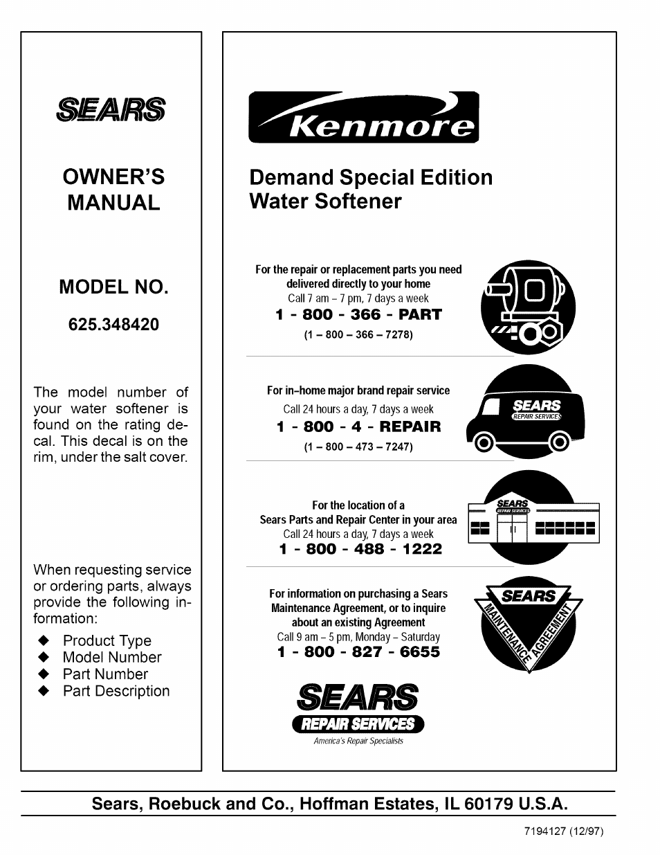 Kgnmore, 1 - 800 - 366 - part, Owner’s manual | Demand special edition water softener, Model no, Q bbbsbb | Sears 625.34842 User Manual | Page 32 / 64