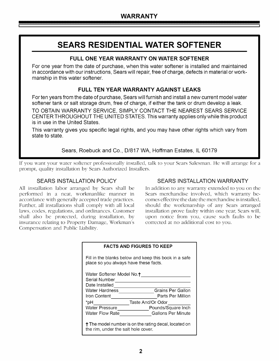 Warranty, Full one year warranty on water softener, Full ten year warranty against leaks | Sears residential water softener | Sears 625.34842 User Manual | Page 34 / 64