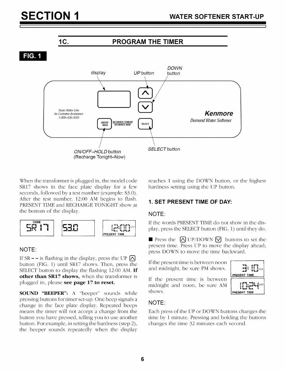 Program the timer, Fig. 1, Note | Set present time of day | Sears 625.34842 User Manual | Page 38 / 64