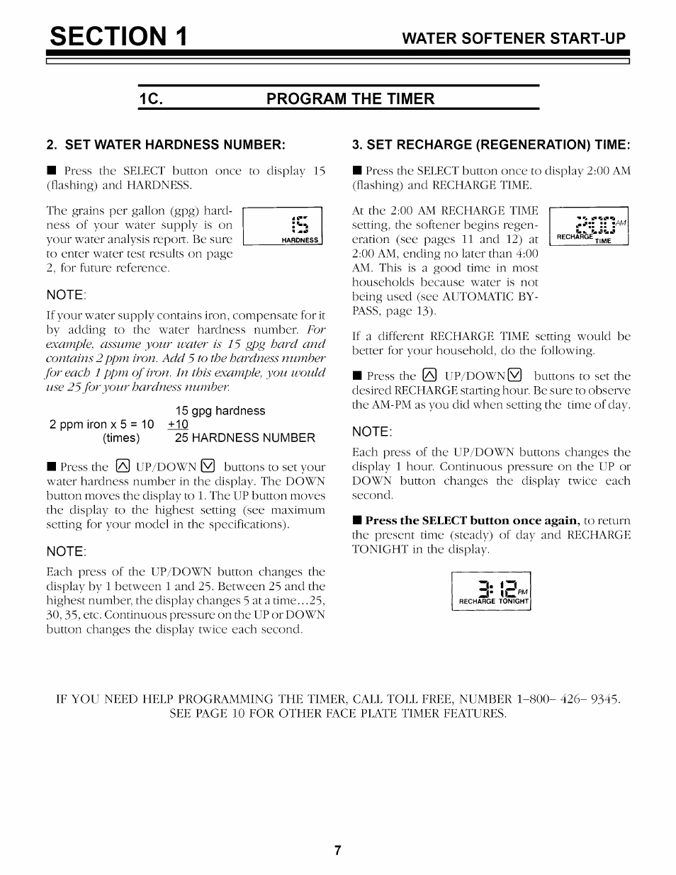 Program the timer, Set water hardness number, Note | Set recharge (regeneration) time, Water softener start-up 1c. program the timer | Sears 625.34842 User Manual | Page 39 / 64