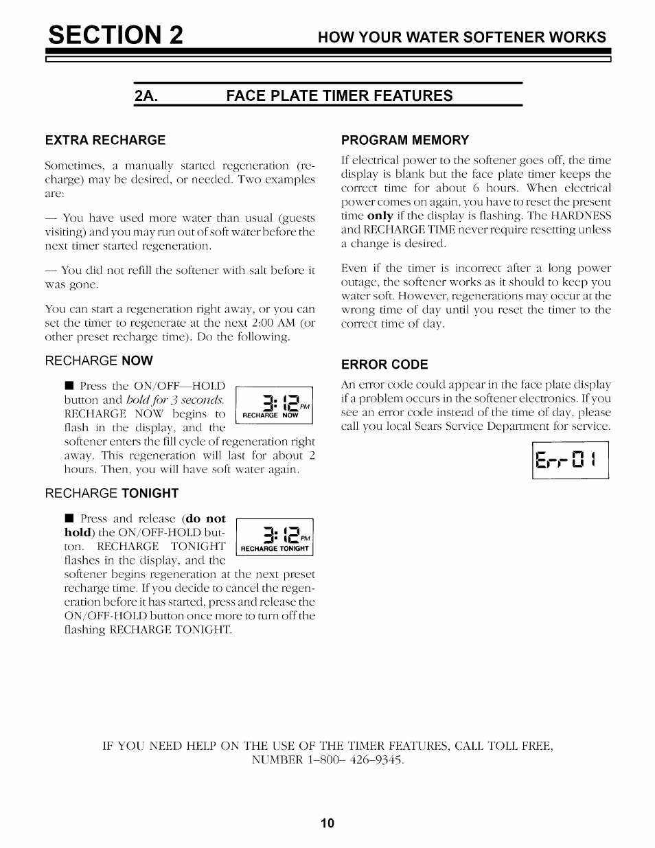 Face plate timer features, Extra recharge, Recharge now | Recharge tonight, Program memory, Error code | Sears 625.34842 User Manual | Page 42 / 64