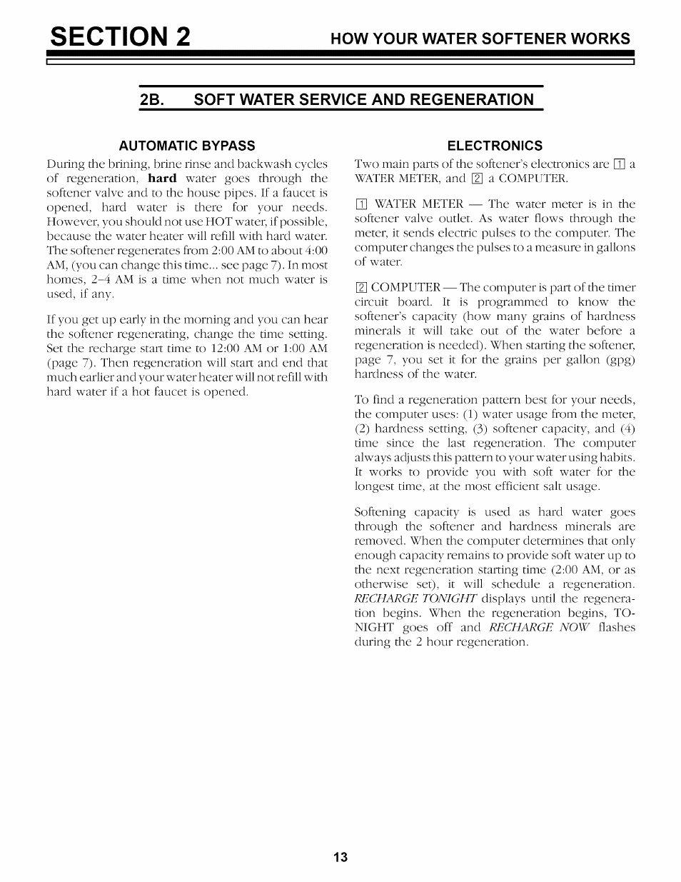 2b. soft water service and regeneration, Automatic bypass, Electronics | Sears 625.34842 User Manual | Page 45 / 64