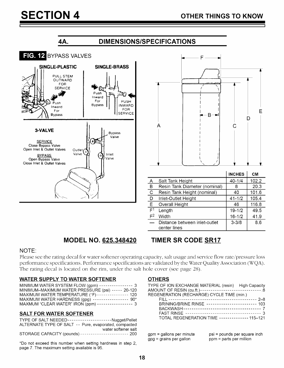 Dimensions/specifications, Bypass valves, Model no. 625.348420 | Timer sr code sri7, Note | Sears 625.34842 User Manual | Page 50 / 64