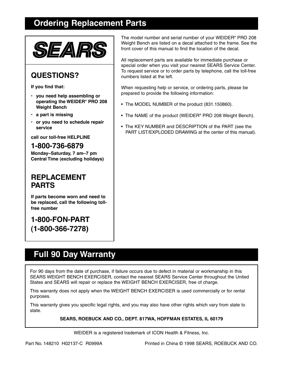 Ordering replacement parts full 90 day warranty, Questions, Replacement parts | Sears 831.150860 User Manual | Page 18 / 18