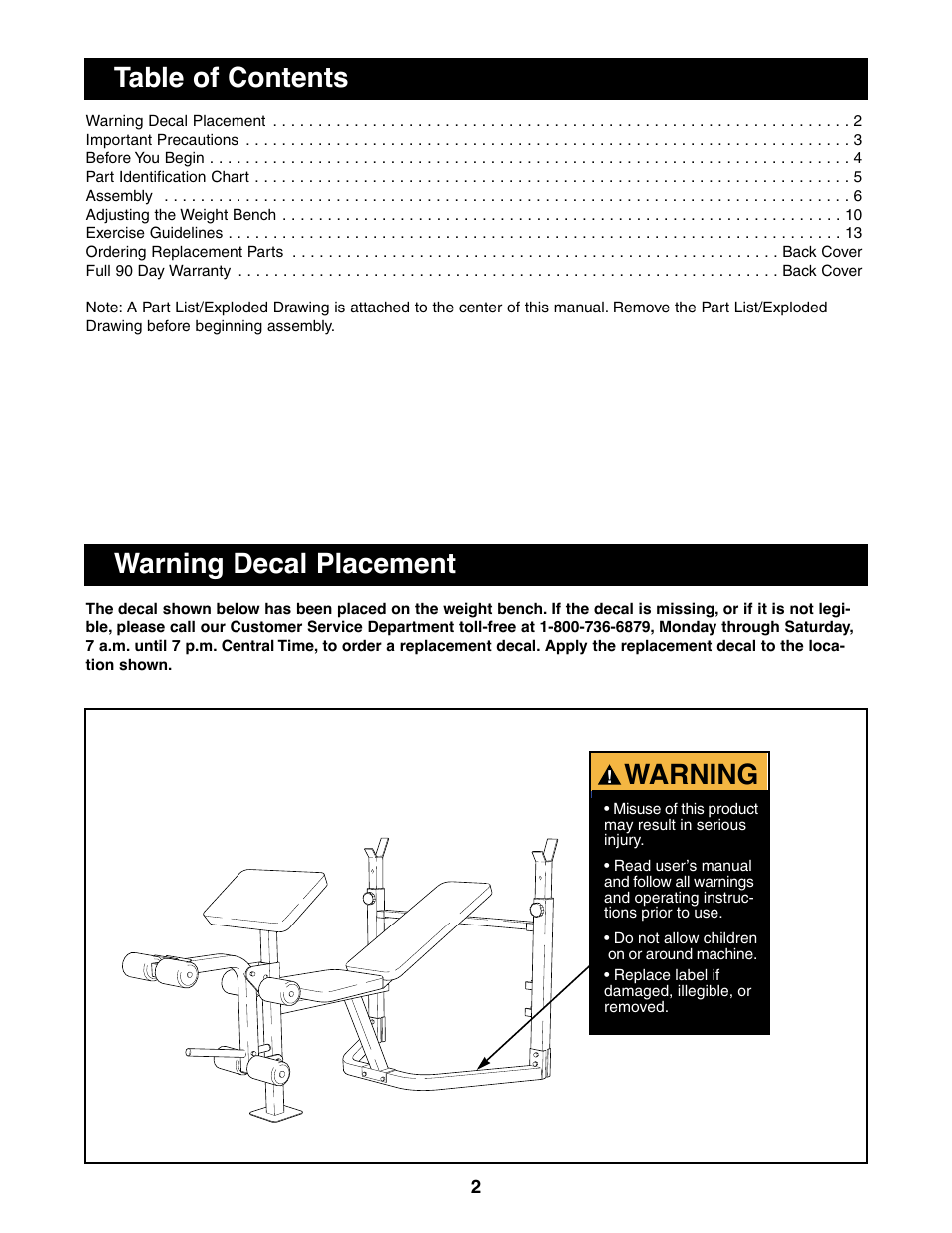 Warning decal placement table of contents, Warning | Sears 831.150860 User Manual | Page 2 / 18