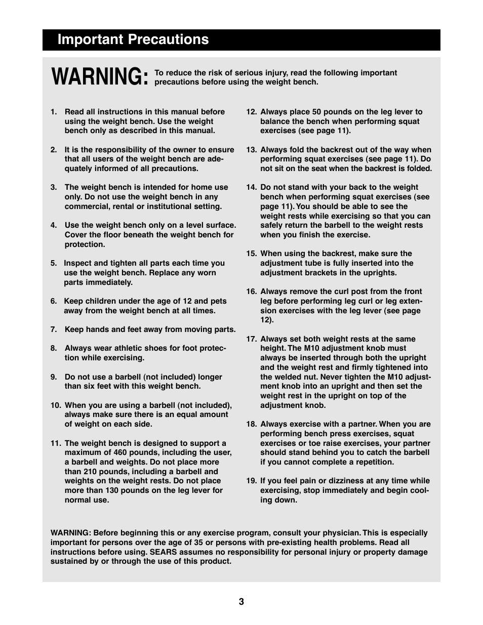 Warning, Important precautions | Sears 831.150860 User Manual | Page 3 / 18