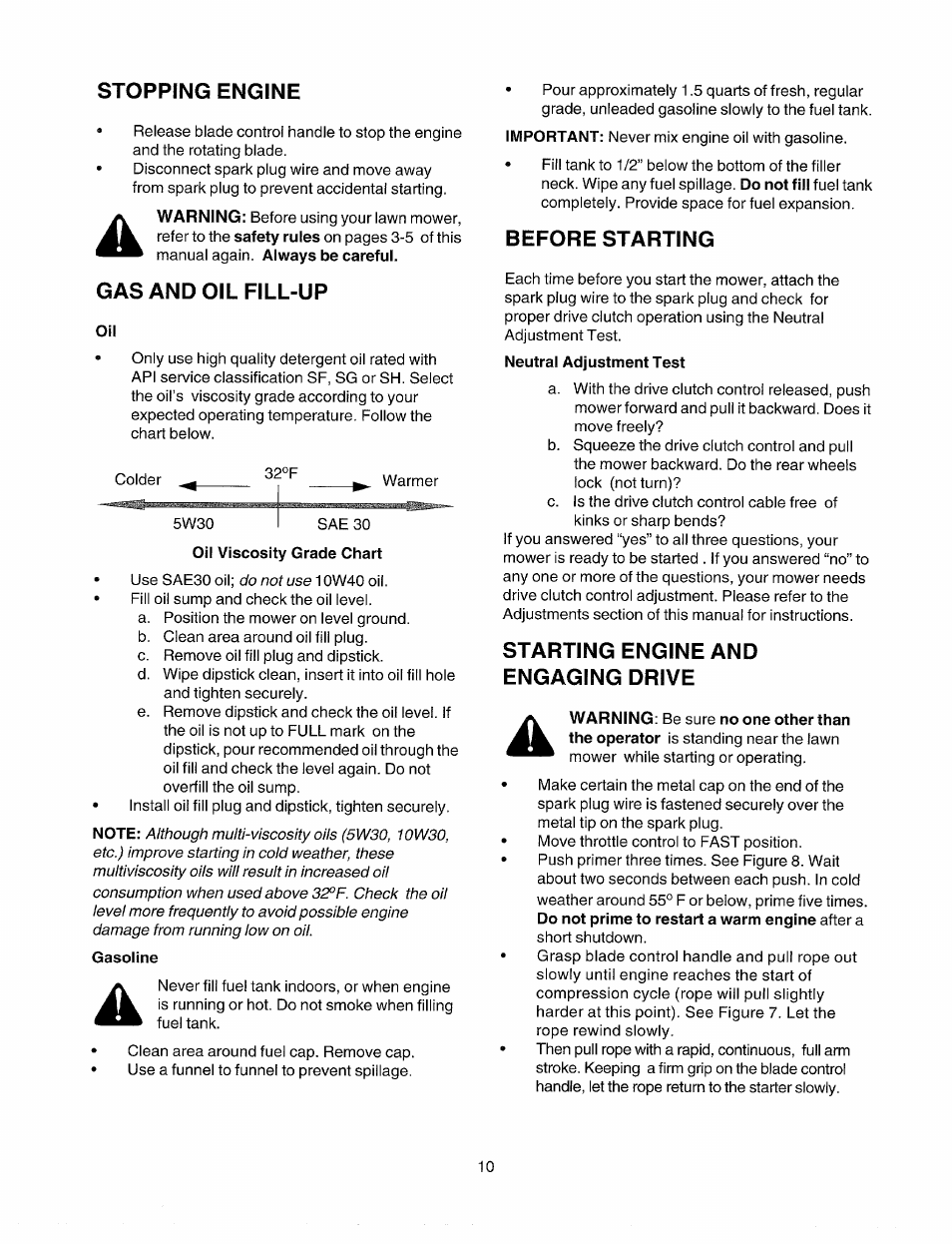 Stopping engine, Gas and oil fill-up, Oil viscosity grade chart | Gasoline, Before starting, Starting engine and engaging drive | Sears 247.37033 User Manual | Page 10 / 50