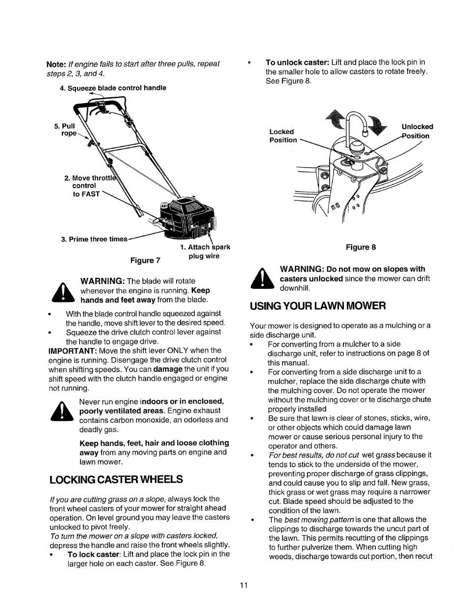 Locking caster wheels, Using your lawn mower | Sears 247.37033 User Manual | Page 11 / 50