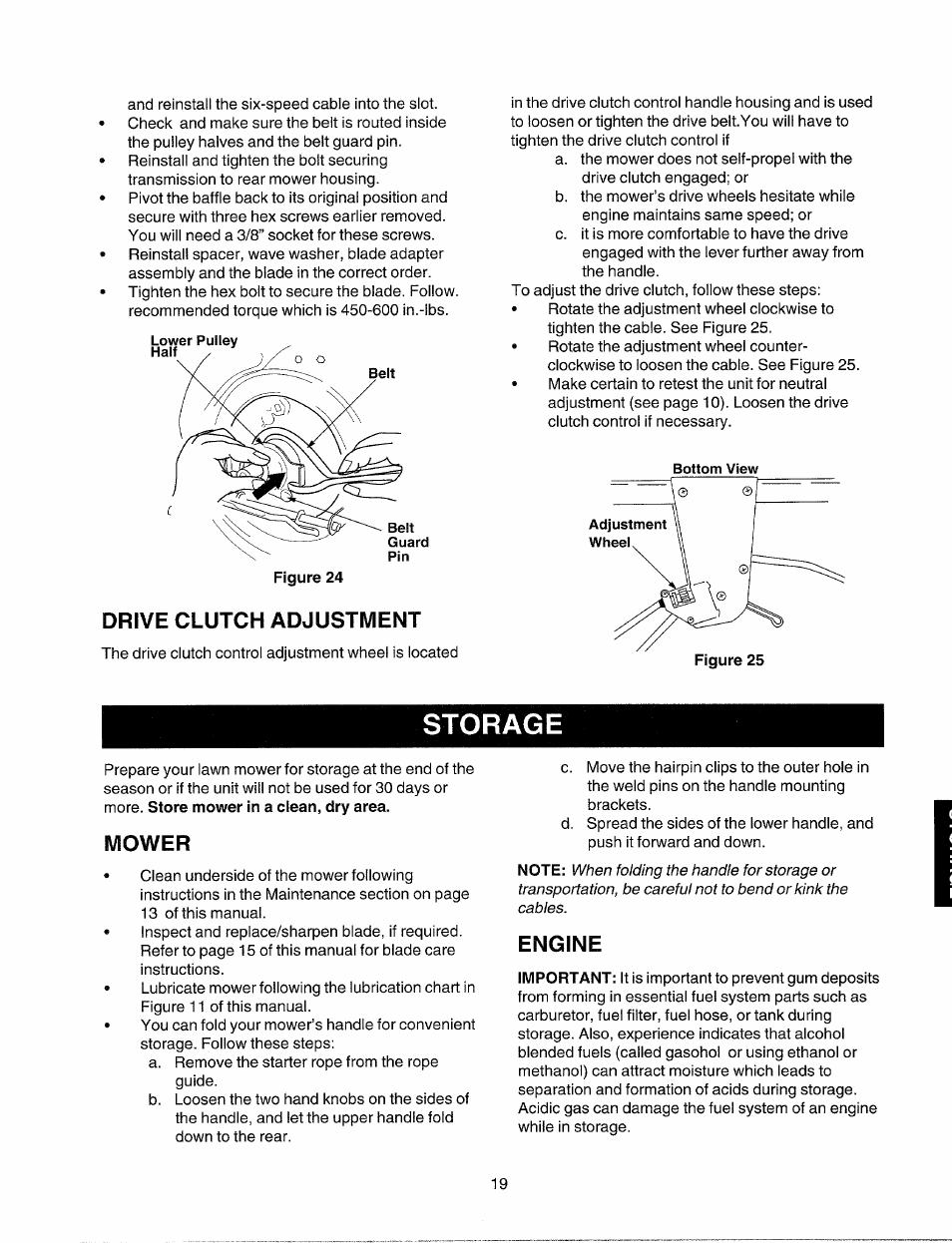 Drive clutch adjustment, Storage, Mower | Engine | Sears 247.37033 User Manual | Page 15 / 50