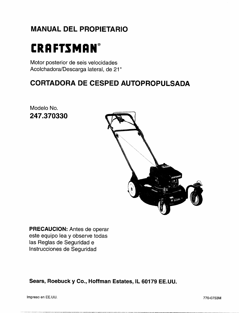 Manual del propietario, Cortadora de cesped autopropulsada, Crflftsmnr | Sears 247.37033 User Manual | Page 29 / 50