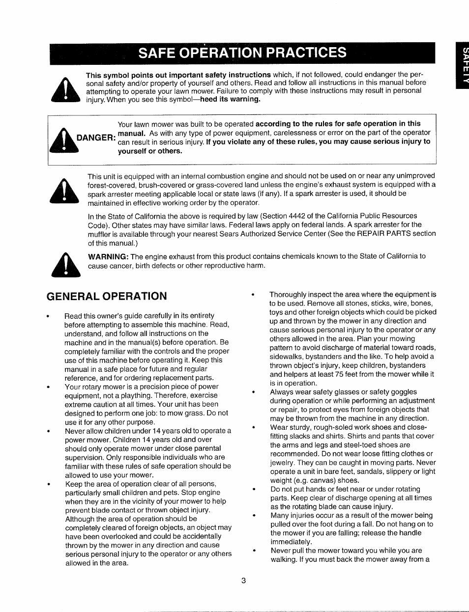 Safe operation practices, General operation | Sears 247.37033 User Manual | Page 3 / 50