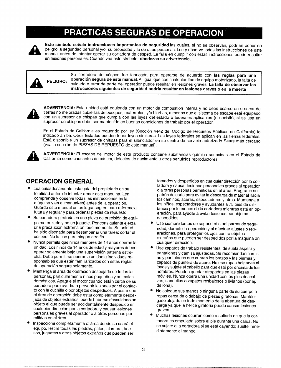 Practicas seguras de operacion, Operacion general | Sears 247.37033 User Manual | Page 31 / 50