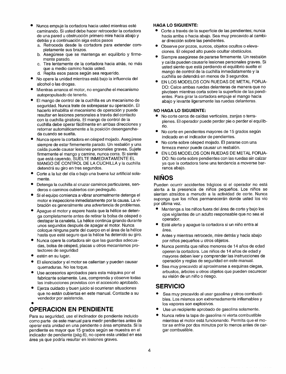 Operacion en pendiente, Niños, Servicio | Sears 247.37033 User Manual | Page 32 / 50