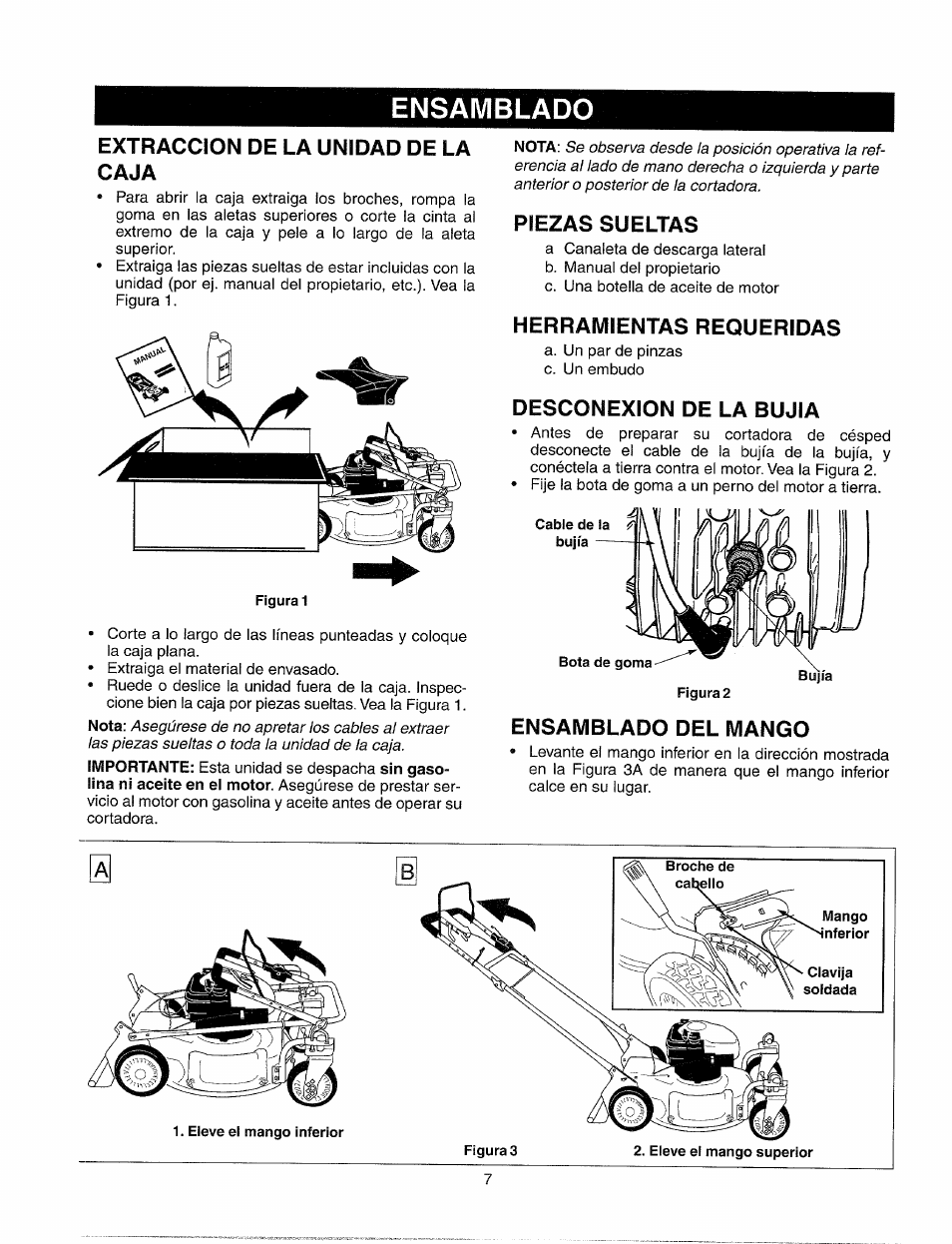 Ensamblado, Extraccion de la unidad de la caja, Piezas sueltas | Herramientas requeridas, Desconexion de la bujia, Ensamblado del mango | Sears 247.37033 User Manual | Page 35 / 50