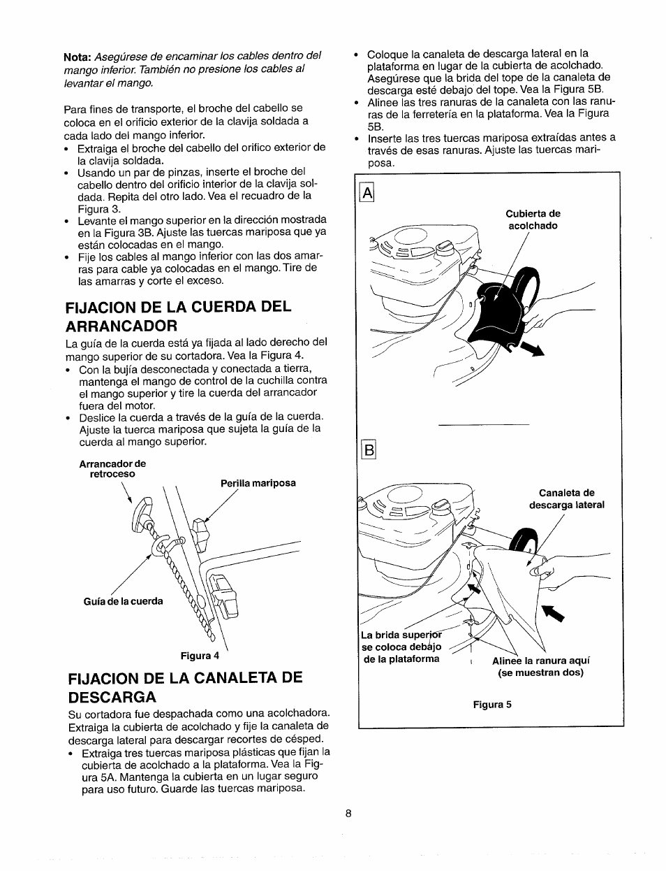 Fijacion de la cuerda del arrancador, Fijacion de la canaleta de descarga | Sears 247.37033 User Manual | Page 36 / 50