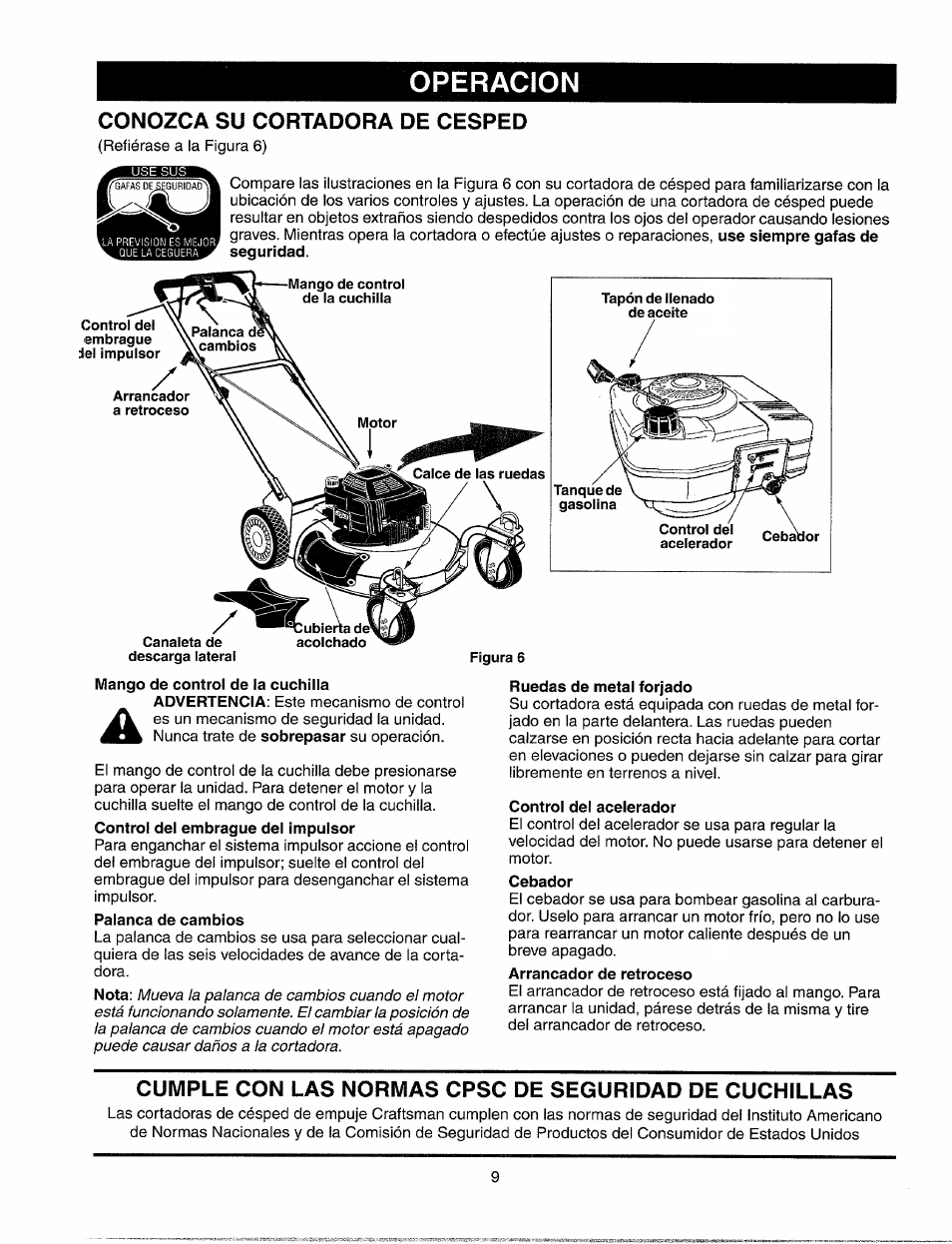 Operacion, Conozca su cortadora de cesped, Mango de control de la cuchilla | Control del acelerador, Irrmtlfc | Sears 247.37033 User Manual | Page 37 / 50