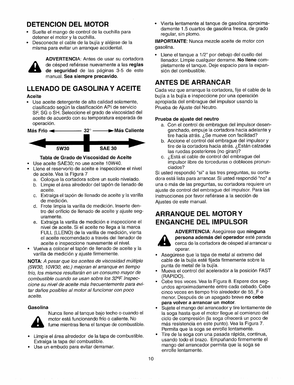 Detencion del motor, Llenado de gasolina y aceite, Tabla de grado de viscosidad de aceite | Gasolina, Antes de arrancar, Prueba de ajuste del neutro, Arranque del motor y enganche del impulsor | Sears 247.37033 User Manual | Page 38 / 50