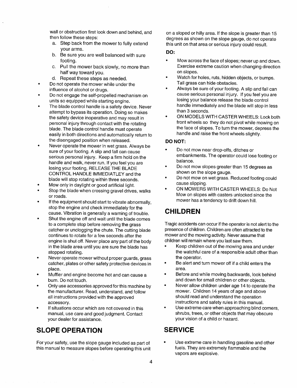 Slope operation, Do not, Children | Service | Sears 247.37033 User Manual | Page 4 / 50