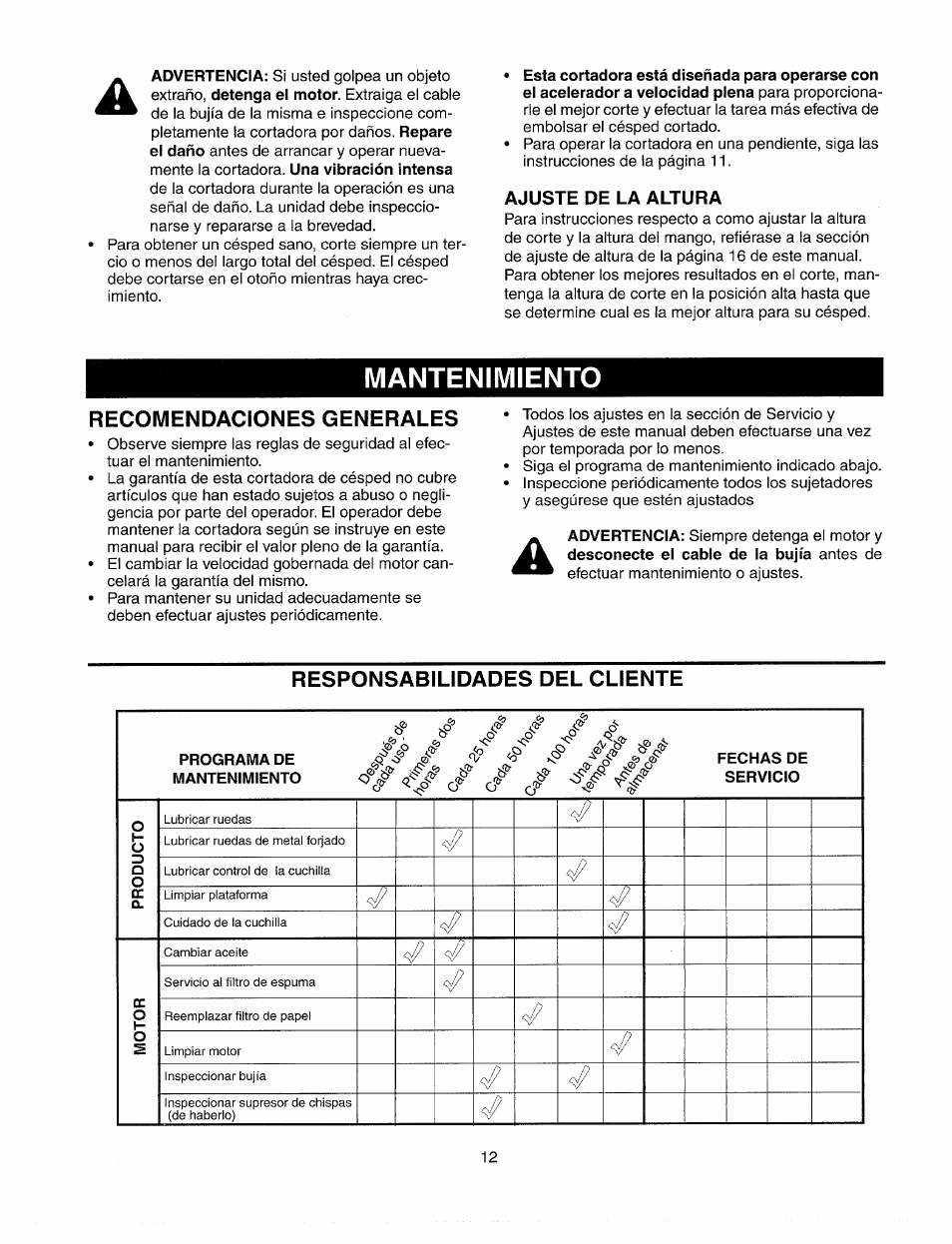 Ajuste de la altura, Mantenimiento, Recomendaciones generales | Responsabilidades del cliente, Programa de mantenimiento, Fechas de servicio | Sears 247.37033 User Manual | Page 40 / 50